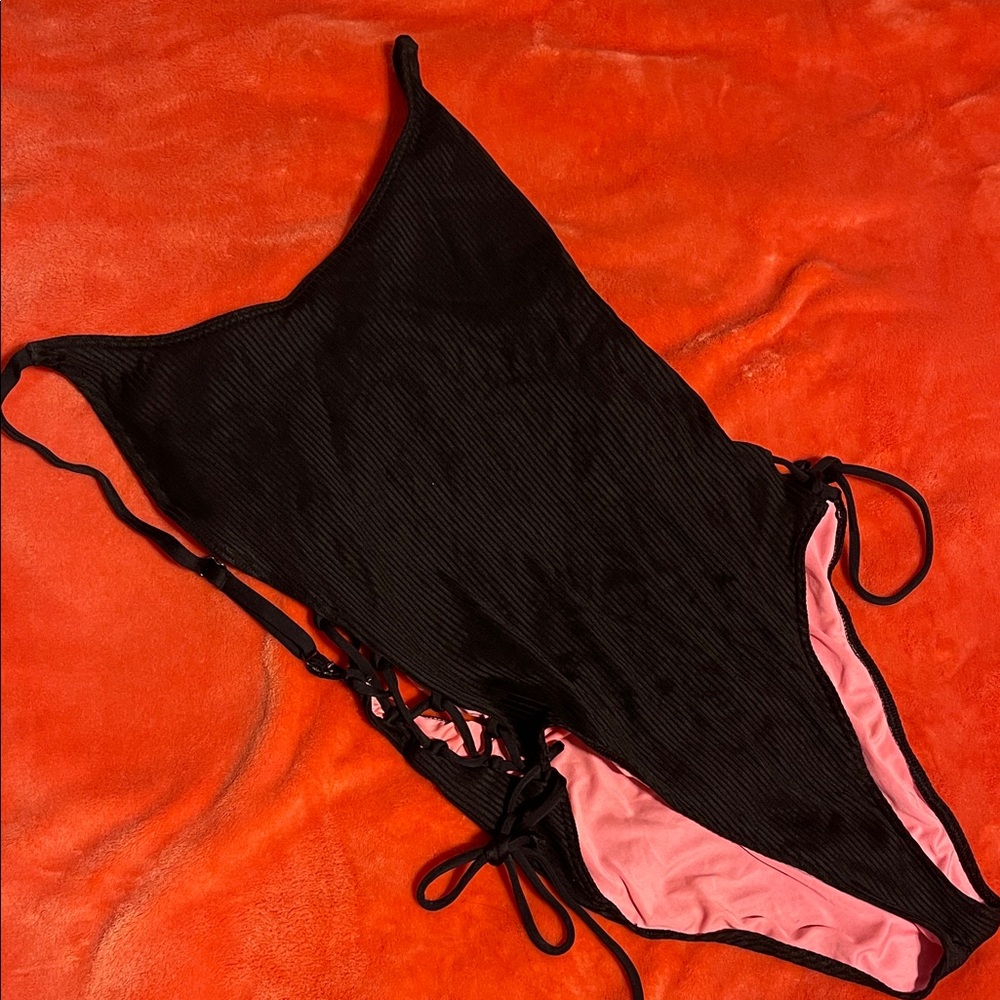 Black One-Piece Swimsuit with Pink Lining